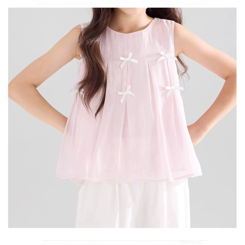 Текстурированная яркая шелковая блестящая пряжа, рубашка без рукавов с французским бантом, плиссированный жилет для девочек, лето