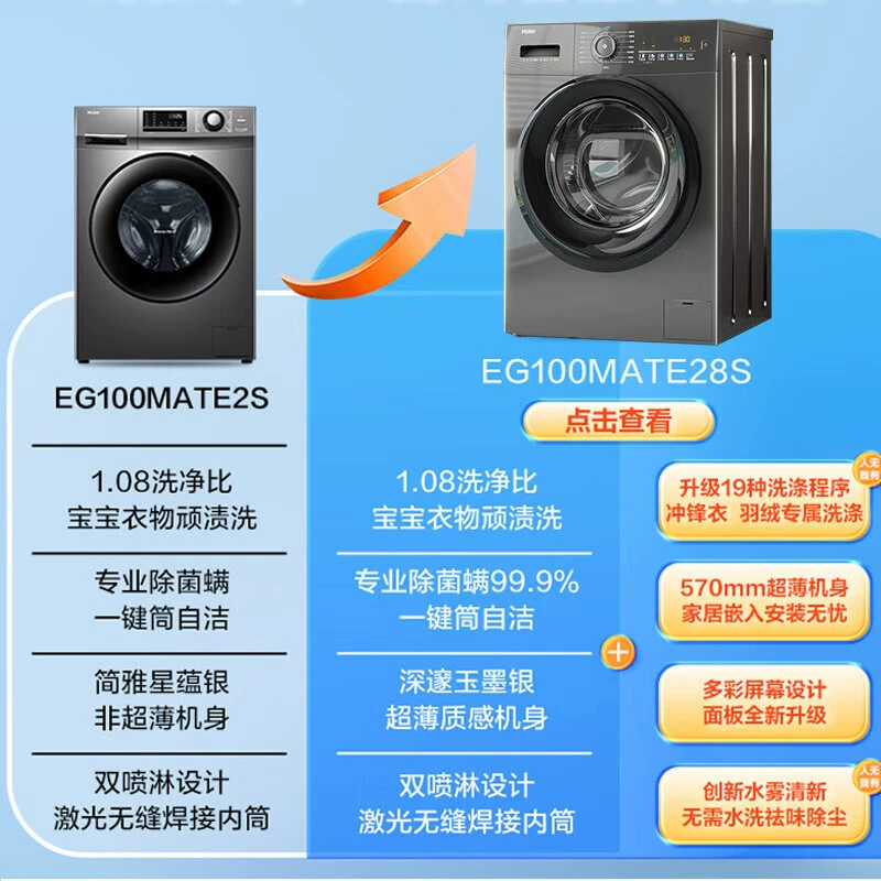 Стиральная машина Haier барабанная 10 кг, полностью автоматическая стерилизация и элюция, ультратонкая элюция интегрированная EG100MATE28S