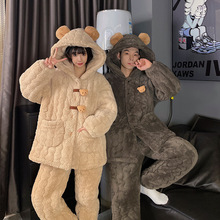 冬季新款睡衣三层夹棉印花连帽加绒加厚情侣款家居服套