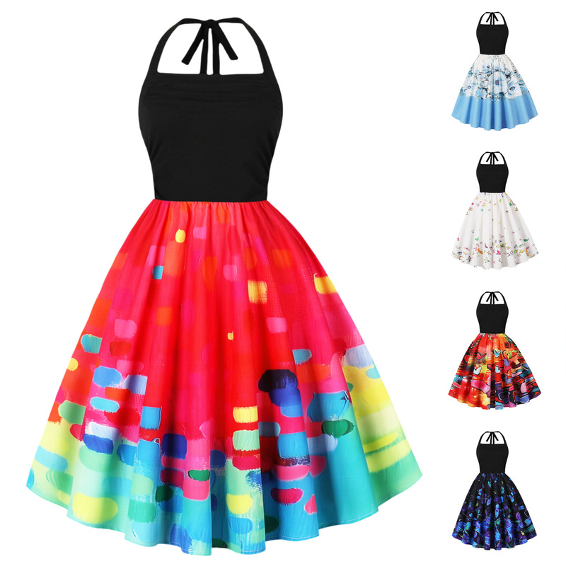 D Export Women's Clothing 5060S European and American Retro Hepburn Style Halterneck Black Printed Elastic Waist Large Hem Dress