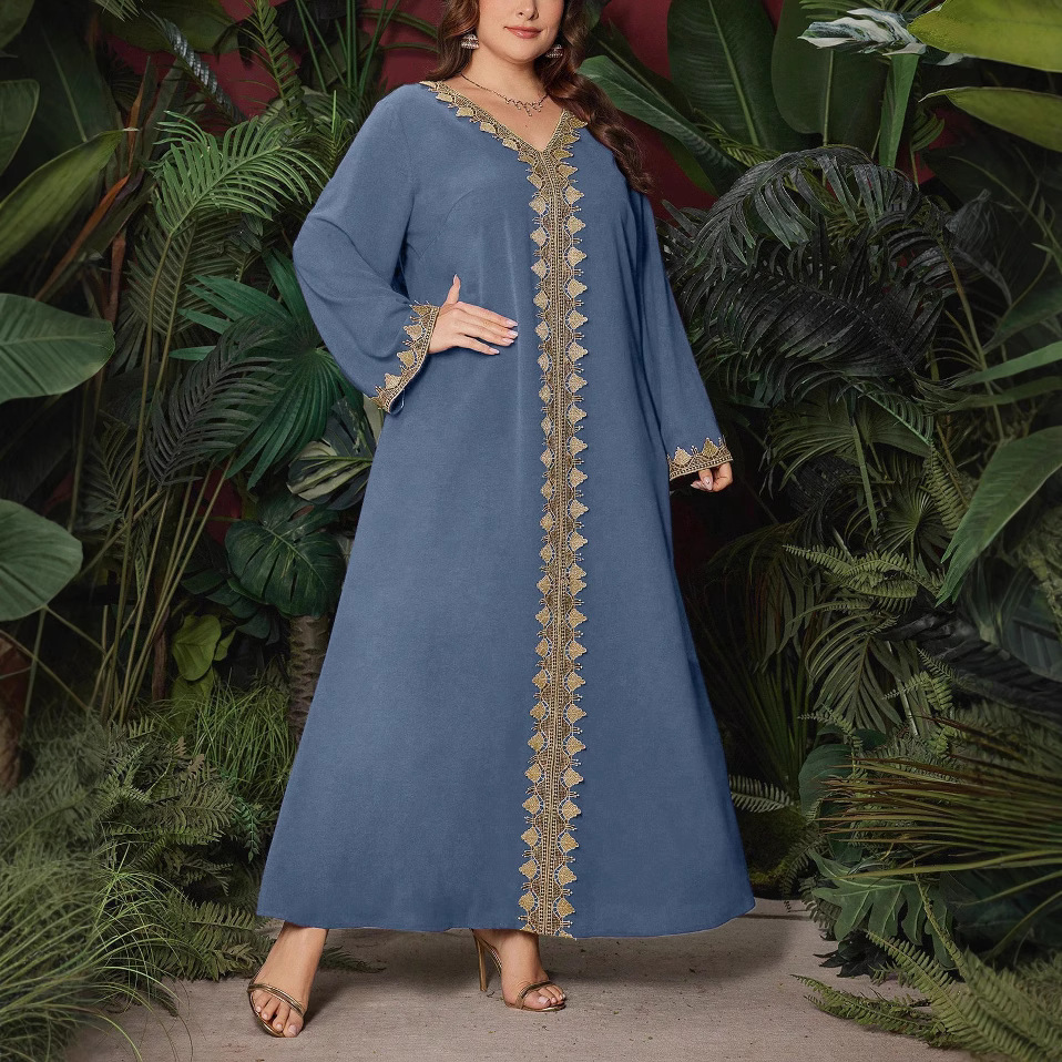 Ethno-Stil Damenkleid mit Stickerei, V-Ausschnitt, langen Ärmeln, lockerem Maxirock, Übergröße, exotische Herbstmode_voghion.com