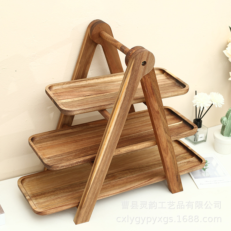 Estante de almacenamiento de alimentos vegetales de escritorio de restaurante de olla caliente estante de almacenamiento plegable de tres capas de madera bandeja de madera estante de picnic