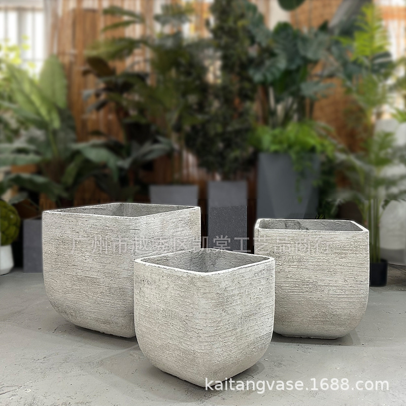 Wabi-Sabi Style Cement Flower Pot with Horizontal Stripes, Square Courtyard Villa Outdoor Vintage Flower Pot for Sales Department Planting and Landscaping Decoration
