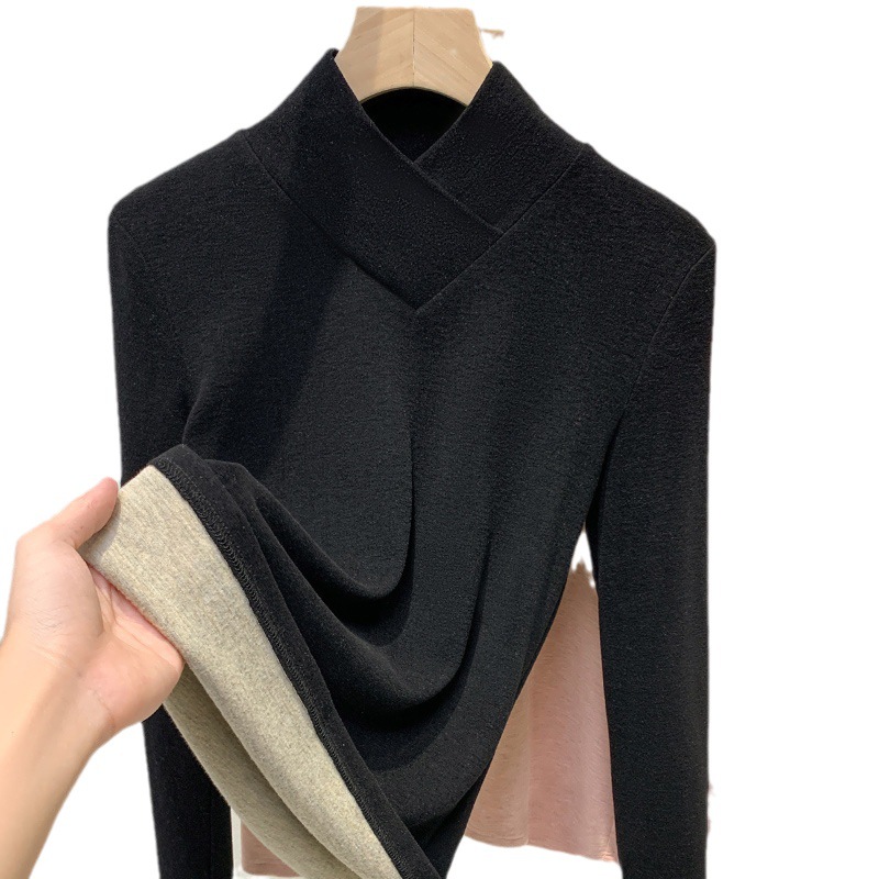 La mitad de las mujeres de terciopelo de cuello alto camisa de fondo 2023 nuevo estilo occidental de las mujeres cuello superpuesto cepillado camiseta caliente interior superior image 6