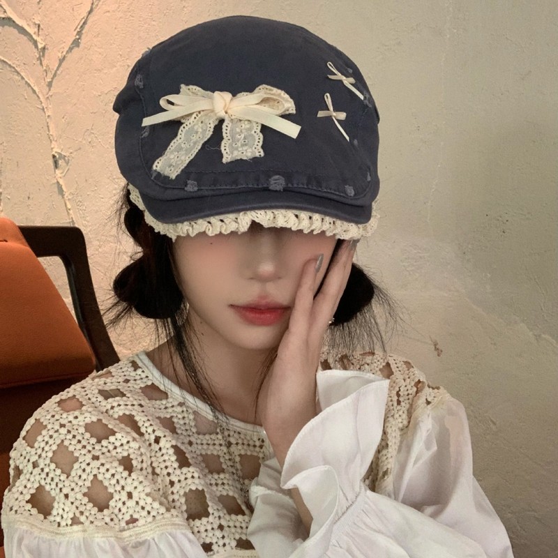 韩系甜美蕾丝蝴蝶结前进帽女水洗做旧破洞牛仔贝雷帽复古报童帽子|undefined