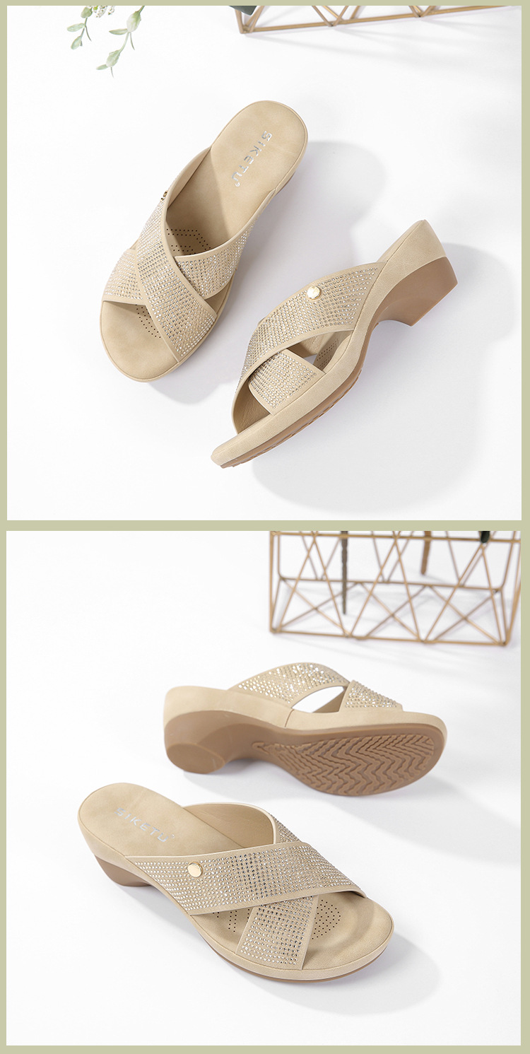 Sandal cao gót nữ hở mũi đính đá gót dốc chống trượt đi làm 2025 — Màu đen, Màu xanh lá, Màu mơ chi tiết 14