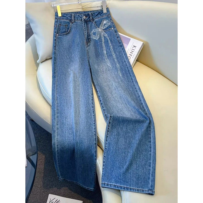 Light Luxury Light Blue Wide-Leg Jeans for Women, Spring 2026 New Style, Full Rhinestone Drape Effect, Starry Sky Hot-Studded Straight Pants