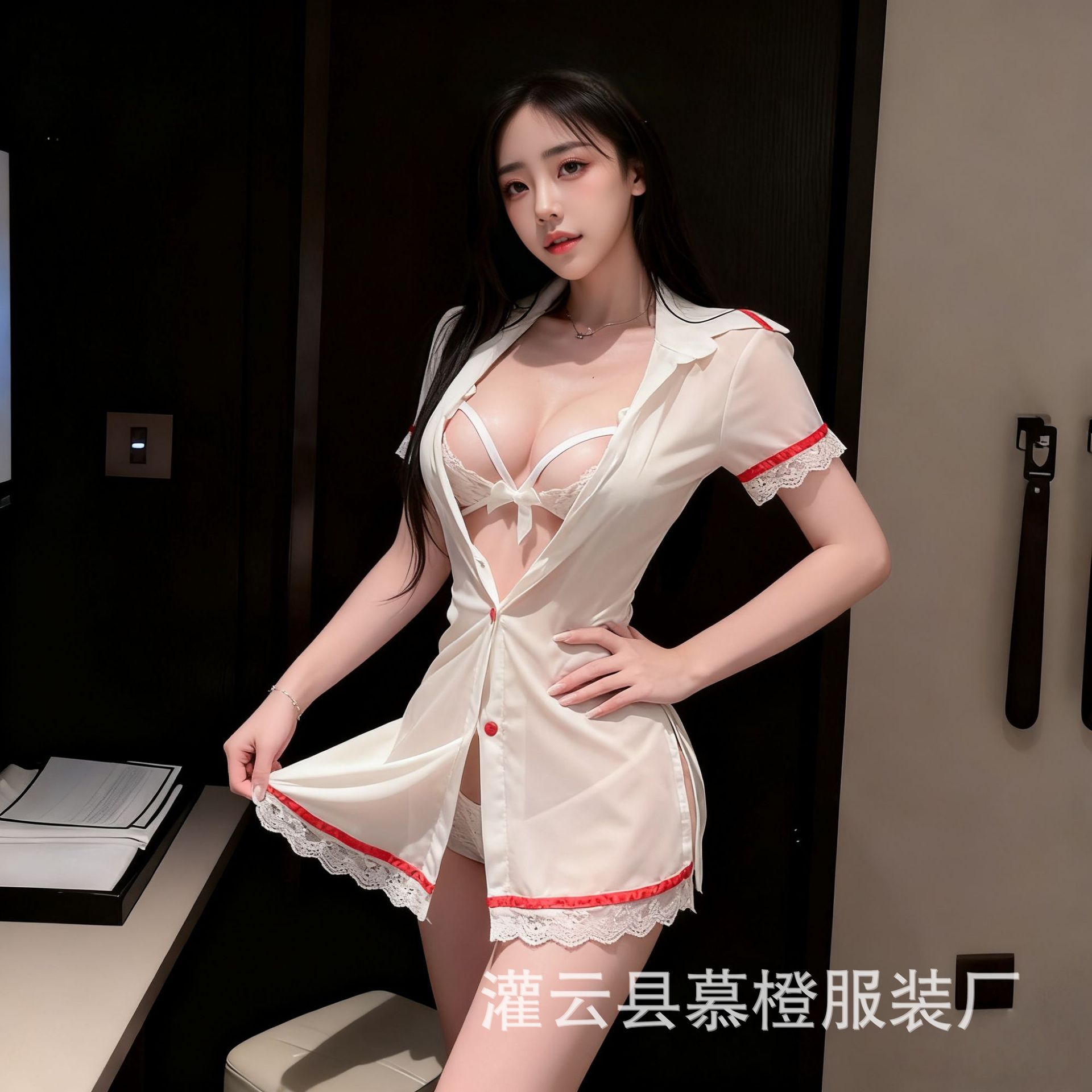 Sexy Lingerie Sexy Uniform Cos Nurse Tulle See-Through Deep V Slit Lace Nurse Skirt Jumpsuit for Women