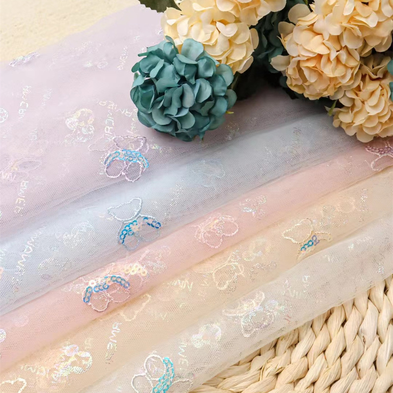 Factory Direct New embroidered bear sequined fabric children's dress English printed embroidered Lolita cloth