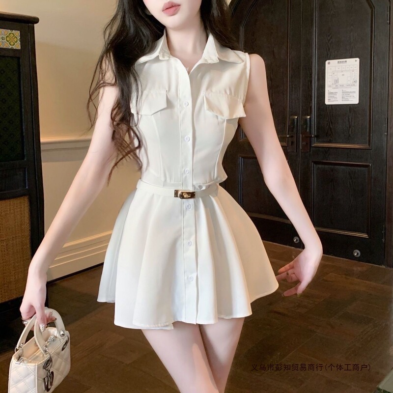 Summer 2025 French-Style Polo Collar Design with a Senior Student Vibe, Sleeveless, Waist-Cinching, Slimming Shirt Dress with Belt Summer 2025 French-Style Polo Collar Design with a Senior Student Vibe, Sleeveless, Waist-Cinching, Slimming Shirt Dress with Belt