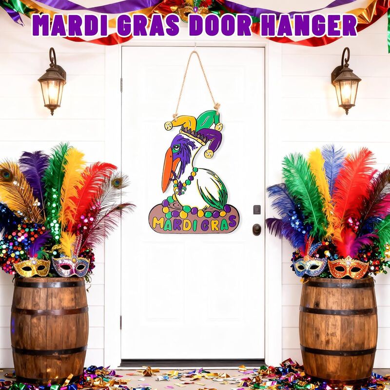 Carnival Wooden Hanging Sign Front Door Decoration Wooden Welcome Sign Carnival Gnome Wreath Farmhouse Carnival