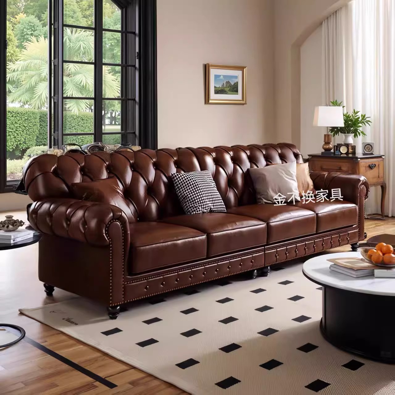 American-Style Genuine Leather Sofa, Top-Layer Cowhide, Living Room Three- or Four-Seater Combination, Vintage Oil-Waxed Leather, Brown Straight-Row Sofa