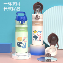 冠迪新款500ml儿童双盖运动保温杯 316直饮杯吸管杯批发 送皮套