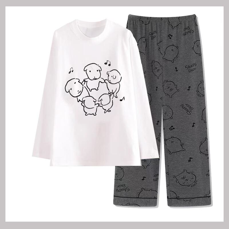 Ganadi Puppy Pajamas Spring & Fall Women's New Pure Cotton Long-Sleeved Two-Piece Set Student Cute Cartoon Round Neck Home Clothes