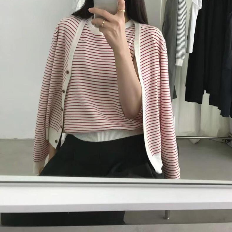 复古撞色条纹针织开衫圆领背心两件套女秋冬新款宽松百搭休闲套装|undefined