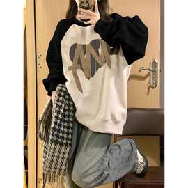 潮牌撞色卫衣插肩袖加绒卫衣女2025秋冬新款宽松慵懒风小个子上衣