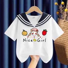 女童短袖T恤夏季纯棉海军领中大童女孩洋气夏装学院半袖卡通上衣