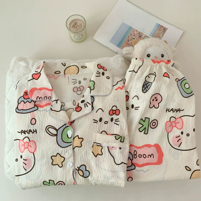 Осенняя милая пижама Hello Kitty, фуксиевая кардиган-стиль, различные принты, размеры M–XXL