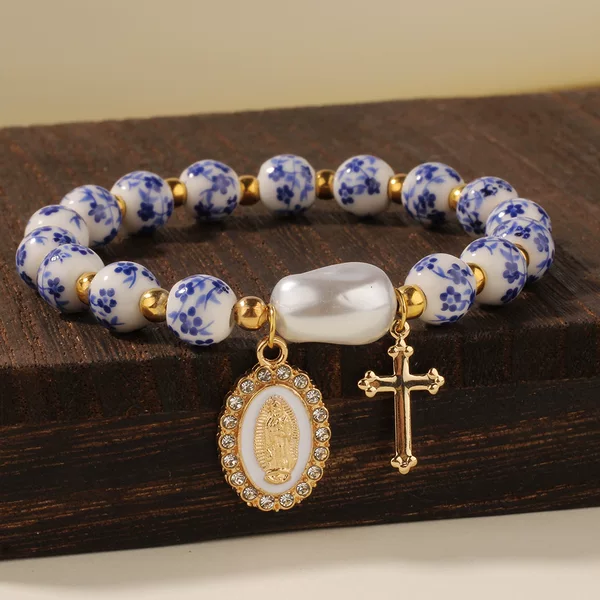 Blue and White Porcelain Beaded Virgin Mary Cross-Shaped Imitation Pearl Cross-Border Bracelet Popular Blue Ceramic Bead Cross Bracelet