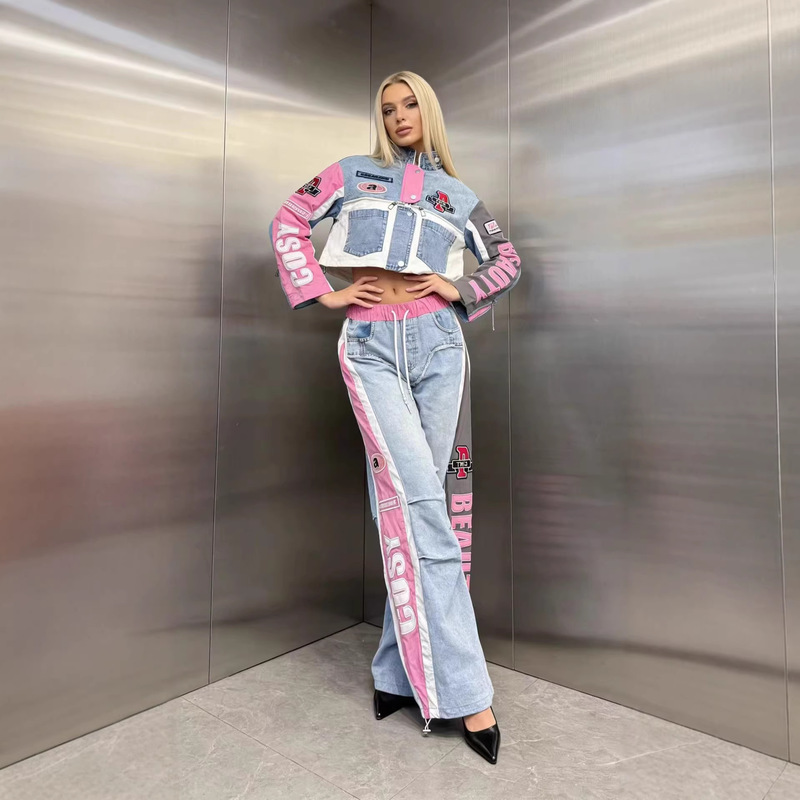 European Fashion Trendy Set for Women 2026 Spring New Denim Patchwork Letter Embroidery Long-Sleeve Top and Elastic Waist Long Pants European Fashion Trendy Set for Women 2026 Spring New Denim Patchwork Letter Embroidery Long-Sleeve Top and Elastic Waist Long Pants