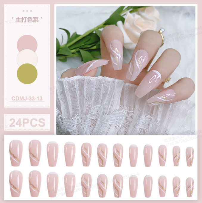 Uñas postizas de estilo francés populares transfronterizas, parches de uñas postizas largas, uñas postizas desmontables terminadas de fábrica.