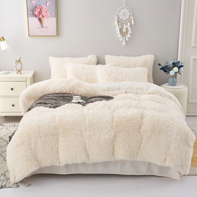 Juego de cama de cuatro piezas de terciopelo de visón, funda nórdica de felpa larga y cálida, terciopelo de cristal de color liso, exclusivo para exportación transfronteriza.