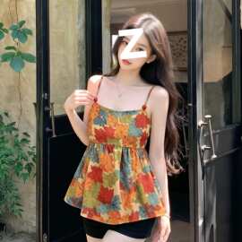 法式简约百搭彩色油画印花吊带背心女夏季性感露背短款无袖短上衣