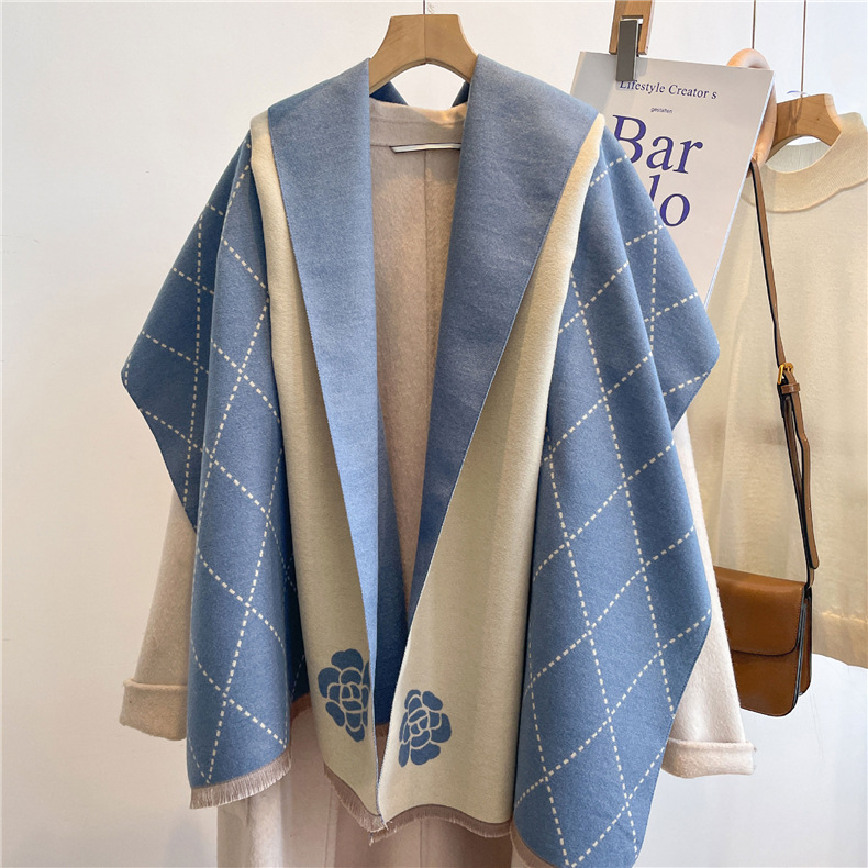 Kaschmirschal Für Damen, Dicker Winterschal Mit Karomuster Und Blume_voghion.com
