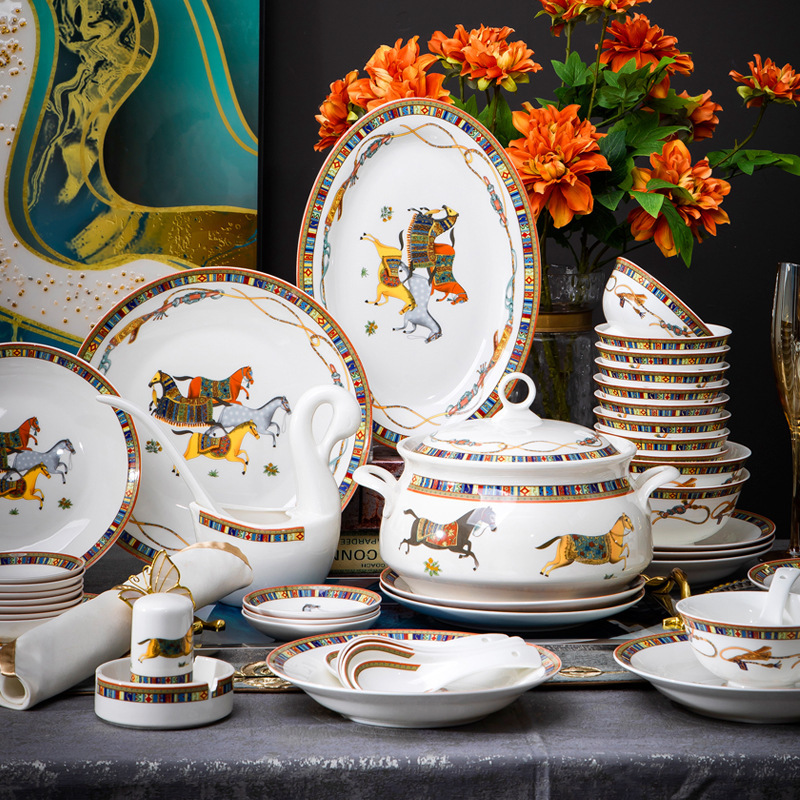 Jingdezhen Glazed Color Tableware Set Chinese Style Luxurious Bone China Gift Home High-End Bowls and Plates Carriage