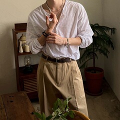 MYQ ヘンリーネック ゆったり 長袖Tシャツ メンズ 秋 竹繊維綿 ベースレイヤー 韓国風 トレンド オールドマネースタイル トップス