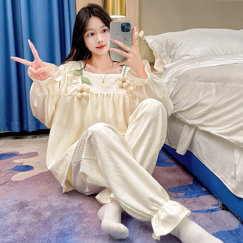 가슴 패드와 잠옷 여성의 봄과 가을 새로운 자카드 코튼 긴 소매 바지 귀여운 공주 스타일 여성 홈 의류 세트