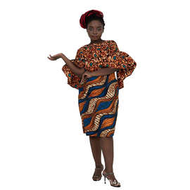 春季新款女装圆领荷叶袖及膝连衣裙文艺复古礼服套装跨境外贸货源