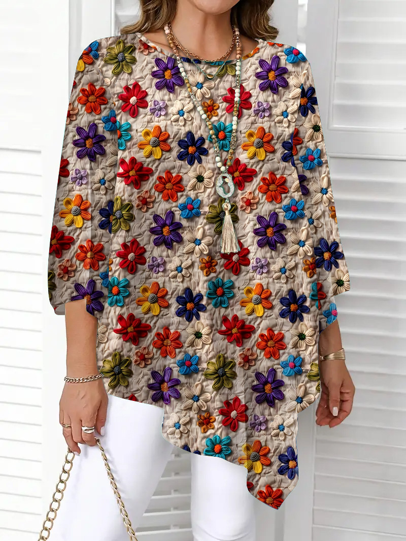 2025 Amazon verano nuevo estilo de Europa y América venta caliente Casual versátil blusa flor impresa camiseta de cuello redondo image 4