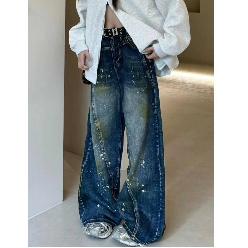 Loose straight jeans, autumn trousers, American style, for teenagers, mid rise