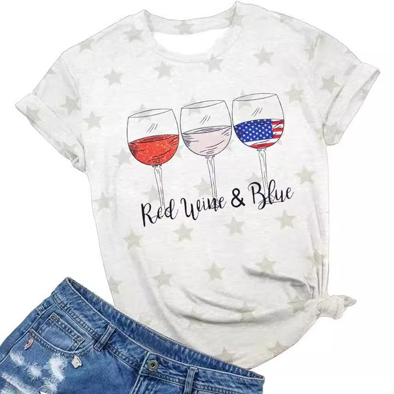 Women's Red White Blue T-Shirt American Flag Shirt July 4th Top Fun Wine Glass Pattern Women's Red White Blue T-Shirt American Flag Shirt July 4th Top Fun Wine Glass Pattern