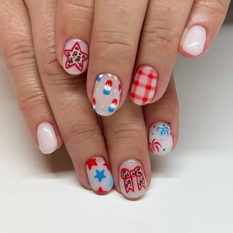 Milky White New Style Wearable Nails European and American Independence Day Holiday Nail Pieces Leopard Print Bowknot Fireworks Press-On Nails