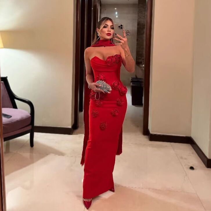 2025 Cross-Border Export New Product European and American Red Bandage Dress Skirt Tube Top Applique Birthday Party Party Long Skirt