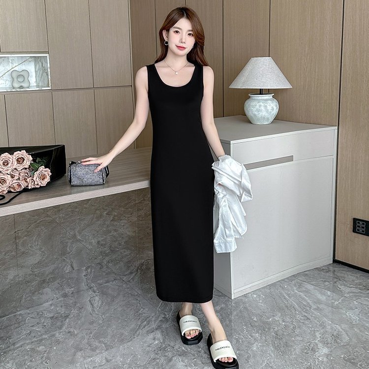 女性のための黒のハイエンドノースリーブベストドレス 2025 春夏ハイウエストスリムサスペンダードレスとボトリングロングスカート|undefined