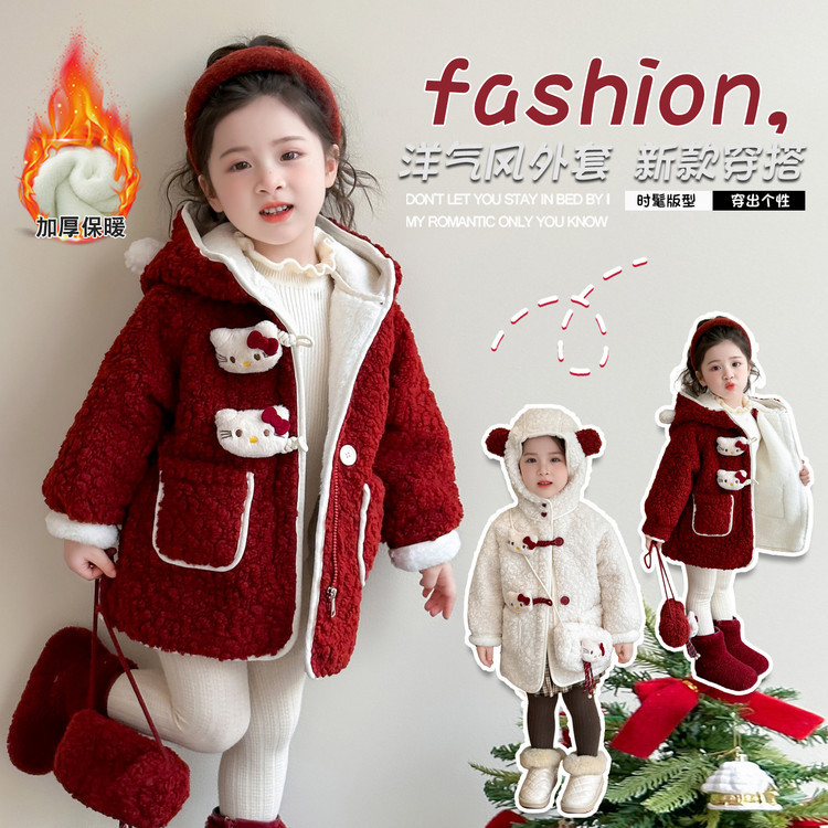 女童跨境洋气新年款气质中长款连帽卡通毛呢大衣外套