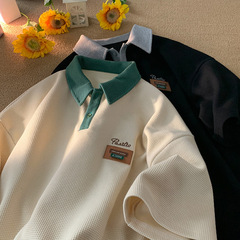 キャンパス風poloシャツ男半袖夏衝突色ワッフル上着日系学生百合シンプル有襟tシャツ