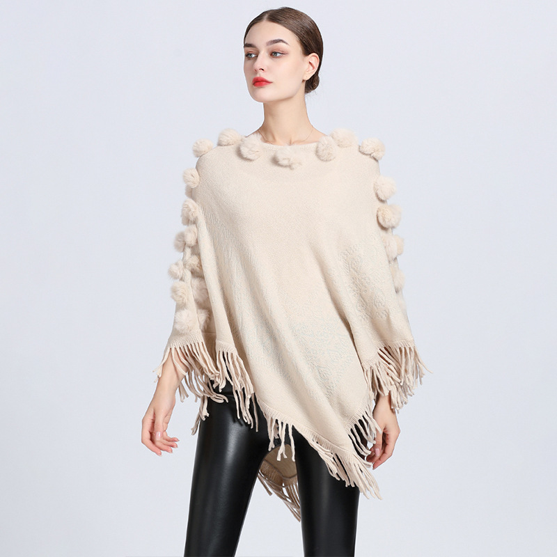 Cape à pompon en poils de lapin pour femme, pull à col rond_voghion.com