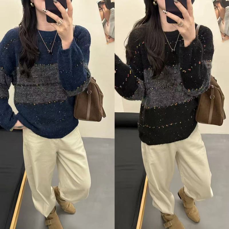 巨好看的韩系氛围感穿搭撞色针织衫女早秋宽松慵懒高级感毛衣上衣|undefined