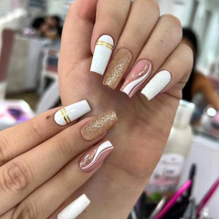 Mid-length flat flash gold powder false nails, European and American Instagram style ballet nails, foreign trade style cross-border beauty nails
