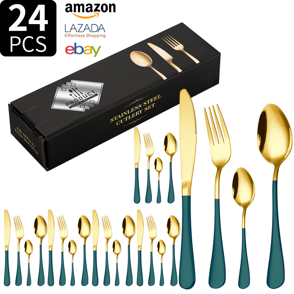 Juego de vajilla de acero inoxidable Transfronterizo Amazon 1010 juego de 24 piezas de vajilla occidental bistec cuchillo tenedor cuchara juego de caja de regalo