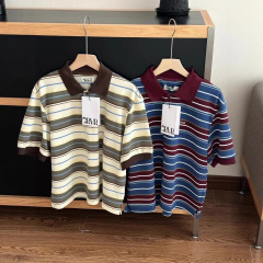 本物の韓国 GROVE コントラストストライプポロ半袖 Tシャツガールズラペルレトロカラーマッチングスリムコットントップ