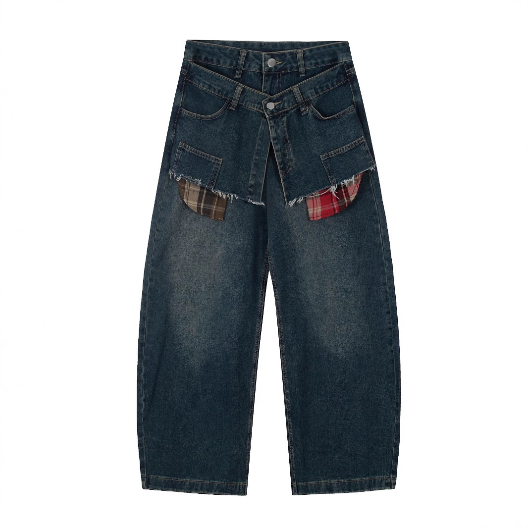Men's Oversized Distressed Jeans High Street Style Fake Two-Pocket Design Relaxed Wide Leg Cotton Vintage Wash Unisex Streetwear_mkmklike.com