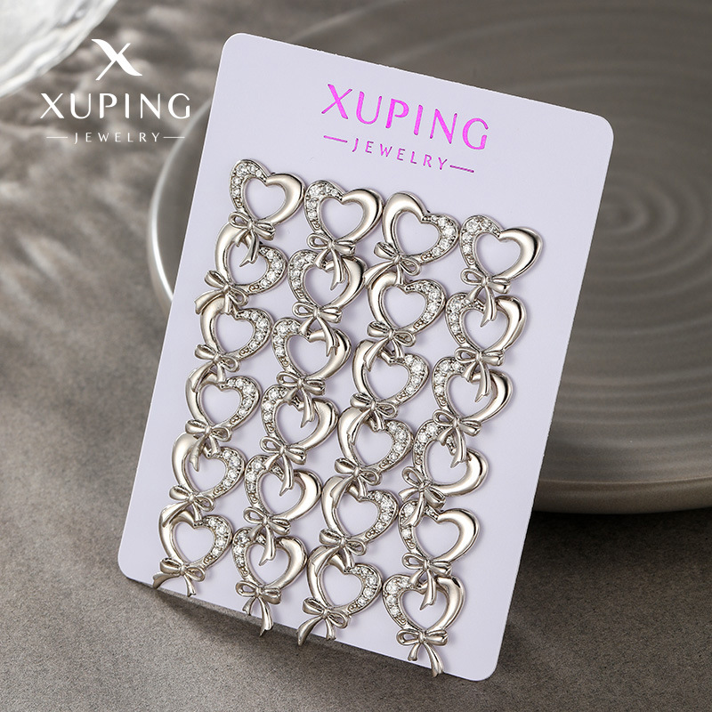Pendientes pequeños personalizados con forma de corazón y lazo, chapados en oro blanco, con gemas artificiales, estilo europeo y americano, de Xuping, para uso diario, para mujer.