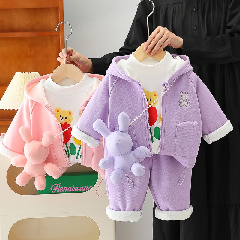 Demi-season cartoon fleece rabbit girl's, set, western style, 2 years, 3 piece set