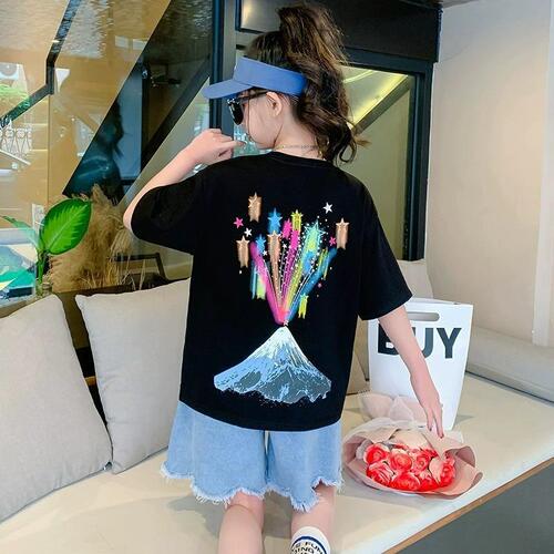 220g heavy-duty pure cotton summer short-sleeve T-shirt for girls, summer style, stylish half-sleeve, suitable for middle and large children, loose round neck top, trendy