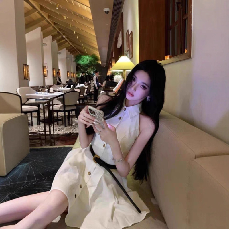TZ6661 フレンチポロカラーホルターネックノースリーブシャツドレス女性のハイエンドの美しい気質スリムAラインスカート|undefined